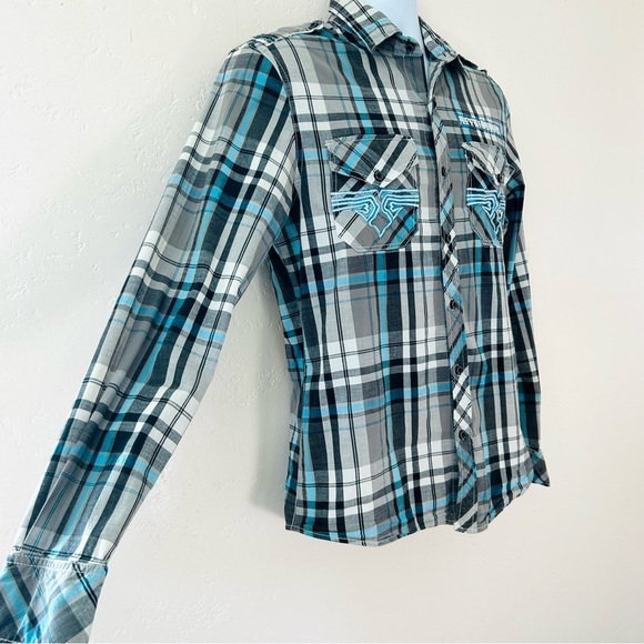 AFFLICTION VTG Y2K Mens Blue Plaid Embroidered Long Sleeve Slim Fit Shirt Size M - Picture 3 of 13